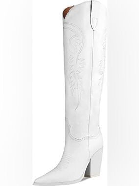 ISNOM Nordstrom White Over-the-Knee Western Block Heel Cowgirl Boot Size 9